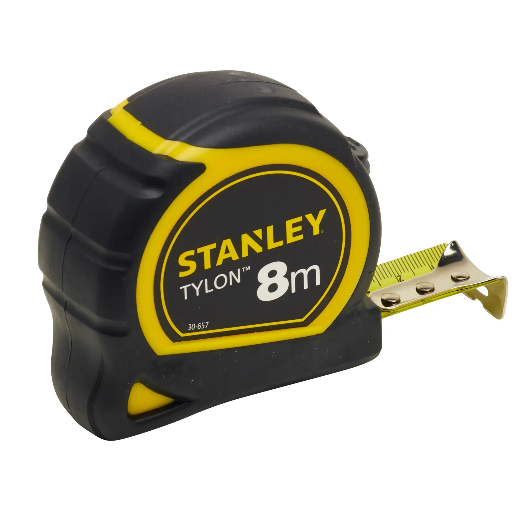 Stanley Tylon 8m tape measure with black and yellow casing and metal hook.