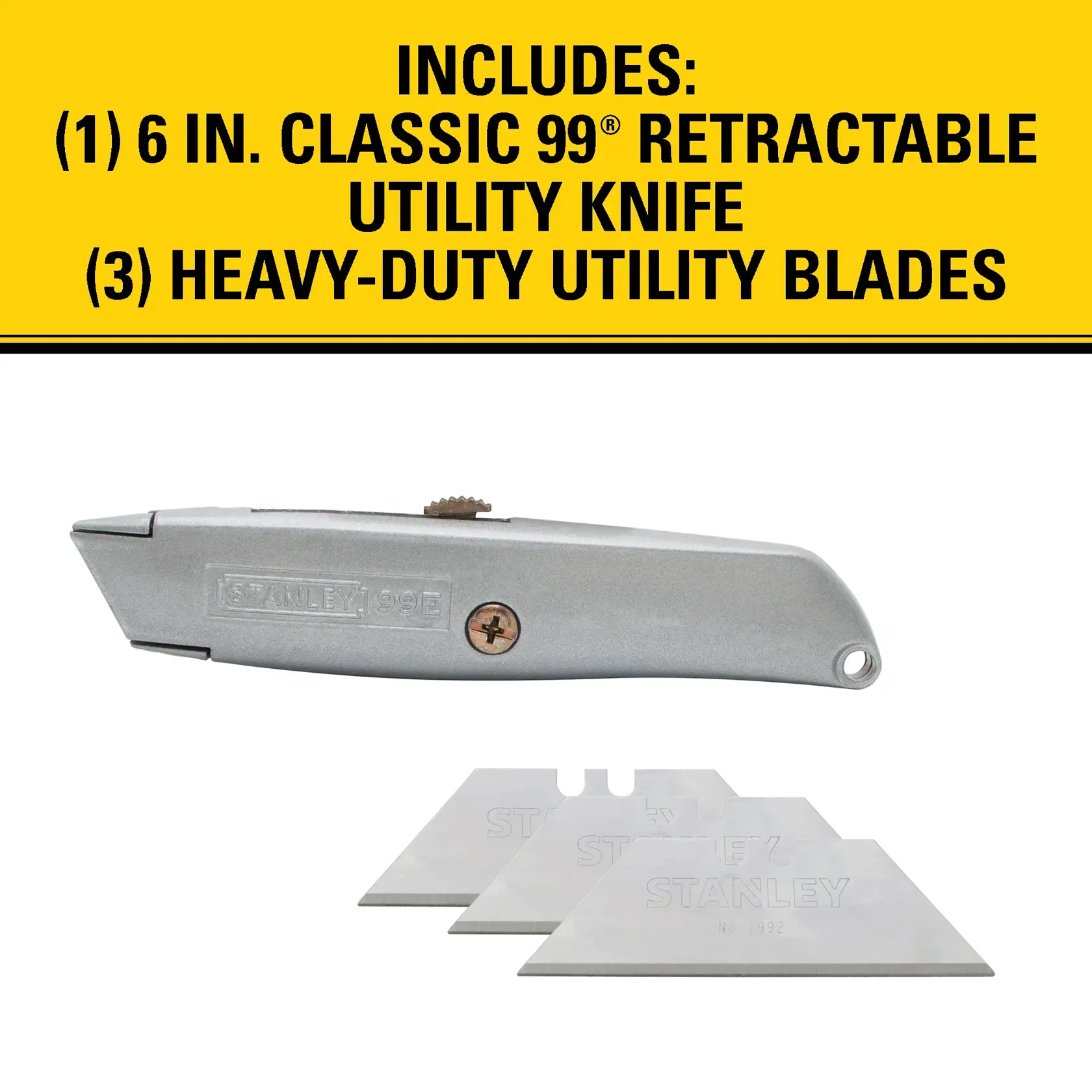 Stanley Classic 99 retractable utility knife, 6 inch, with three heavy-duty utility blades, shown against a white background. The top of the image has text listing the items included in the set.