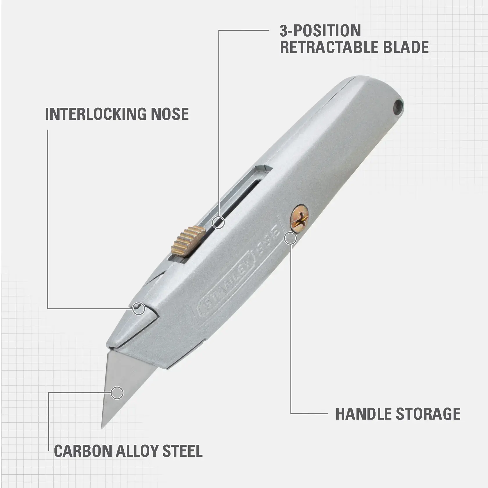 A Stanley 10-099 utility knife is shown. The image labels key features: an interlocking nose, three-position retractable blade, handle storage, and a carbon alloy steel blade.