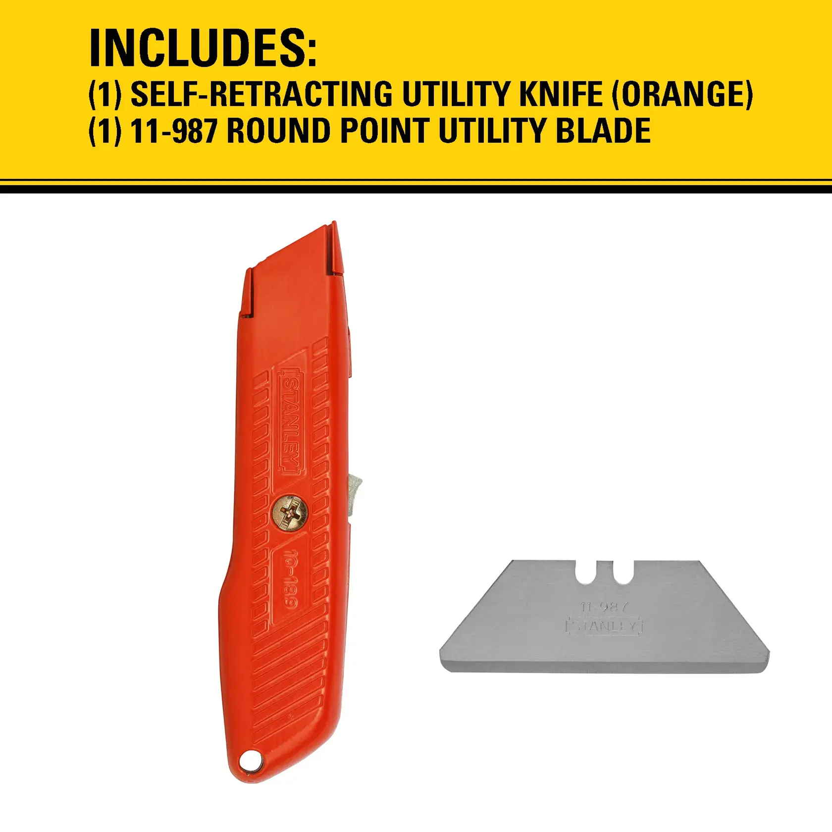 Image of a STANLEY self-retracting utility knife with an orange handle and a separate 11-987 round point utility blade. Both items are shown side by side against a white background, with a yellow header above listing the included items.