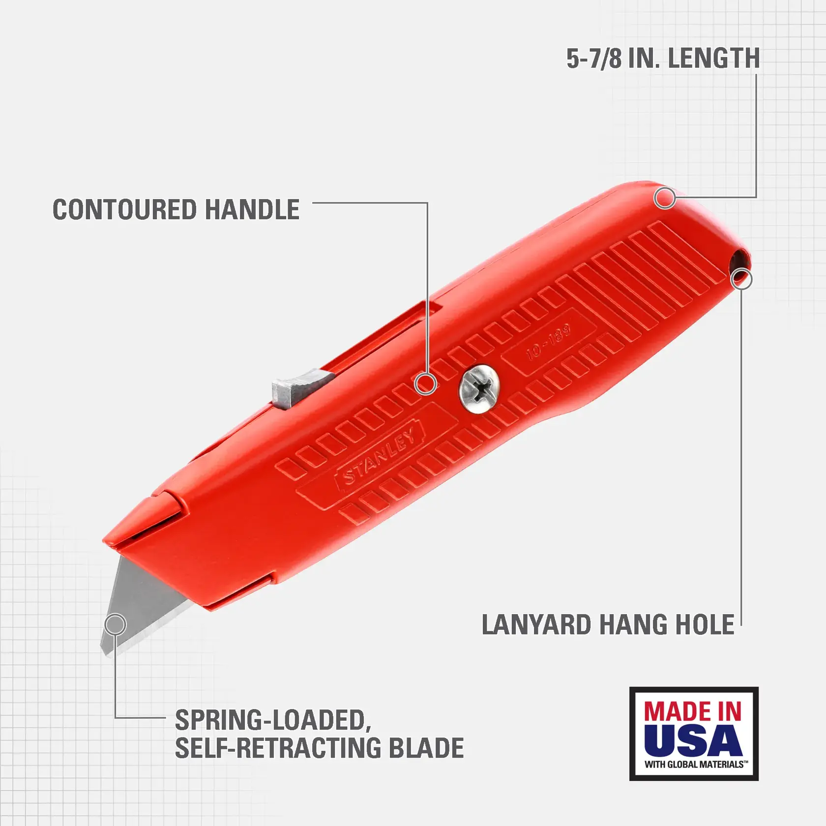 A red Stanley utility knife with a spring-loaded, self-retracting blade, contoured handle, lanyard hang hole, and 5-7/8 inch length. Text highlights its features and a label shows 'Made in USA with global materials.'