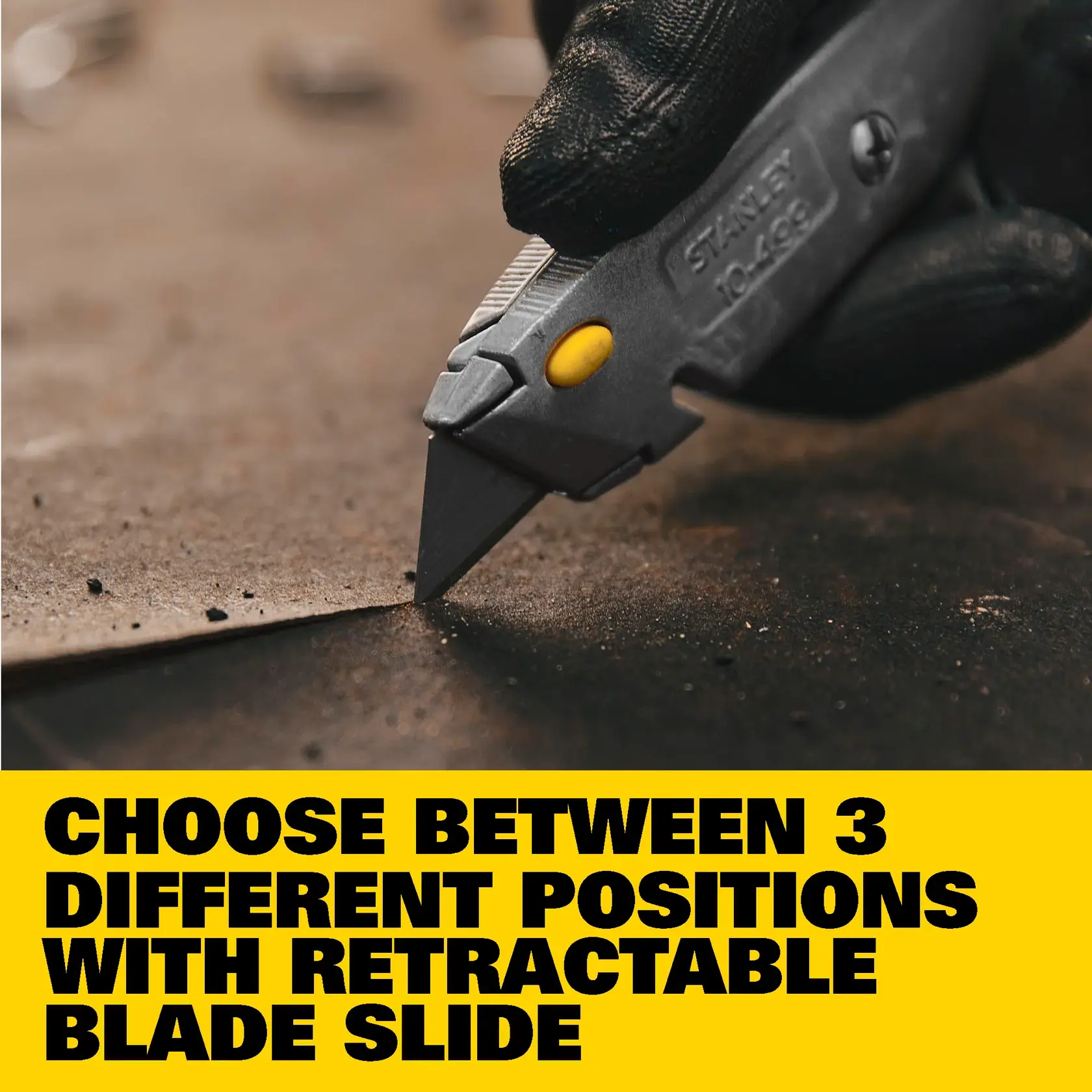 A Stanley 10-499 utility knife with a metal body, featuring a 3-position retractable blade, 2.5-inch blade, integrated string cutter, and swing-out blade storage. The knife highlights are called out with labels on the image.
