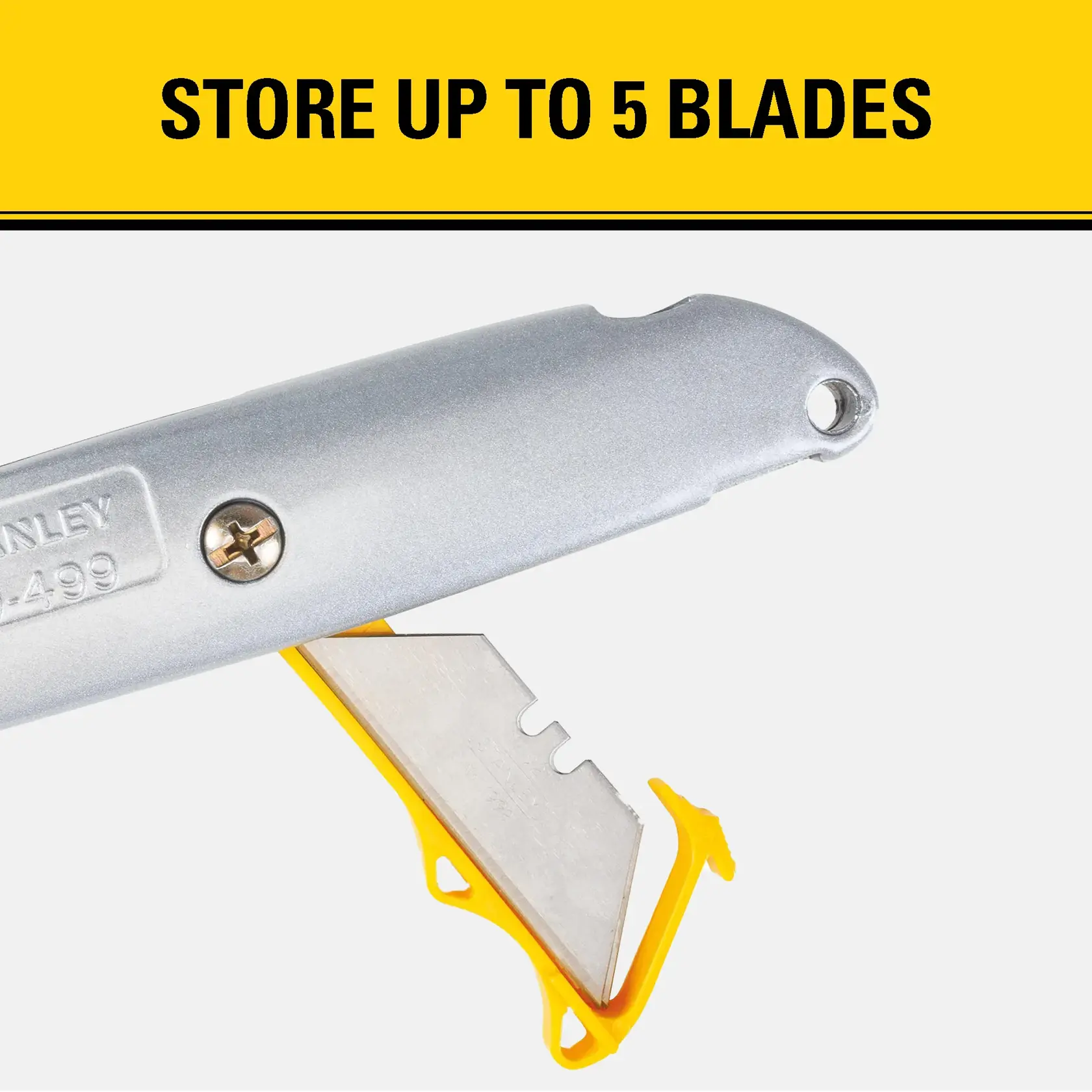 Close-up image of a STANLEY utility knife (SKU: 10-499) partially open, showing the blade storage compartment with a yellow plastic holder that can store up to 5 replacement blades. The text 'STORE UP TO 5 BLADES' appears at the top.