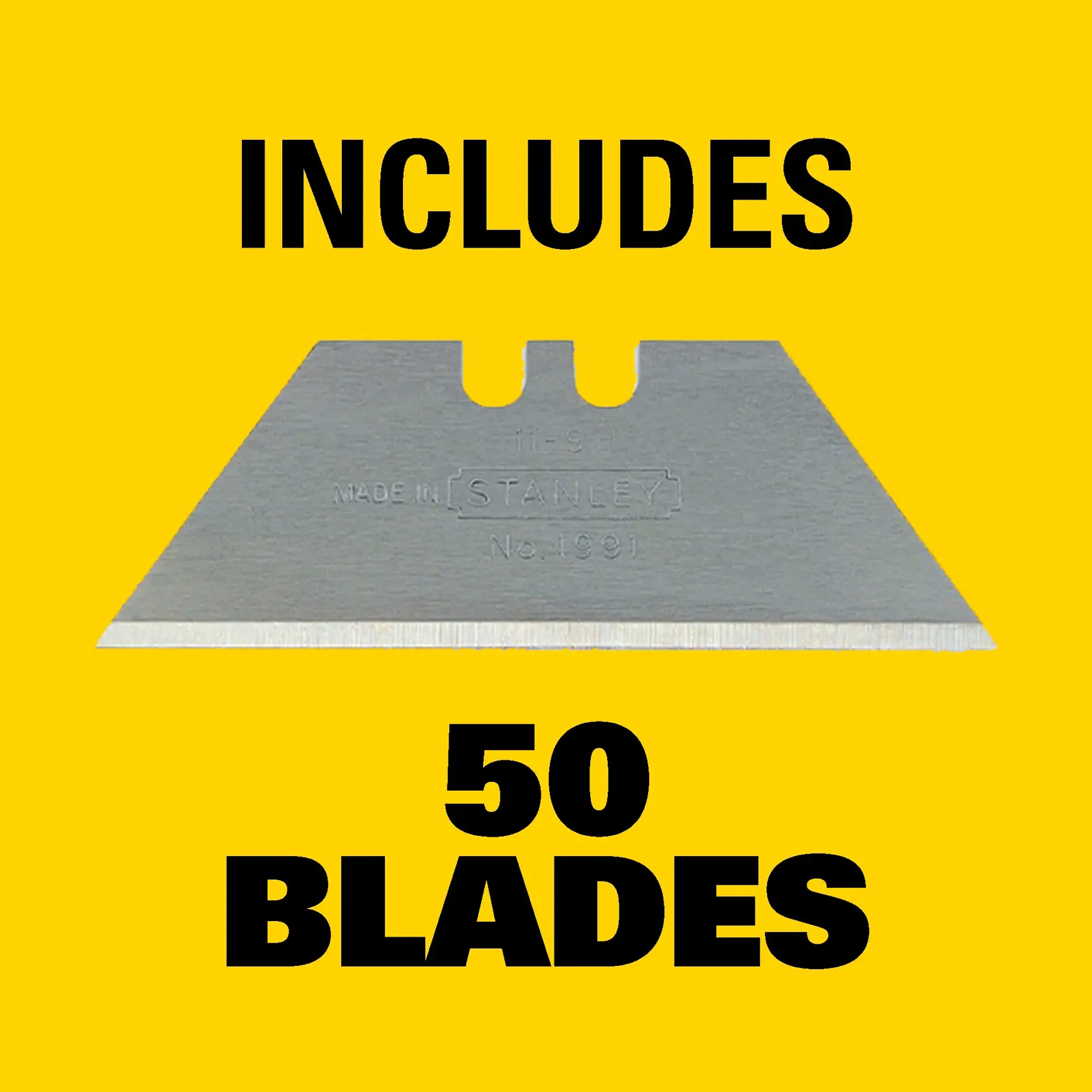 A person wearing a protective glove uses a yellow STANLEY utility knife to cut a piece of material. The image highlights that the blades fit most standard utility knives.