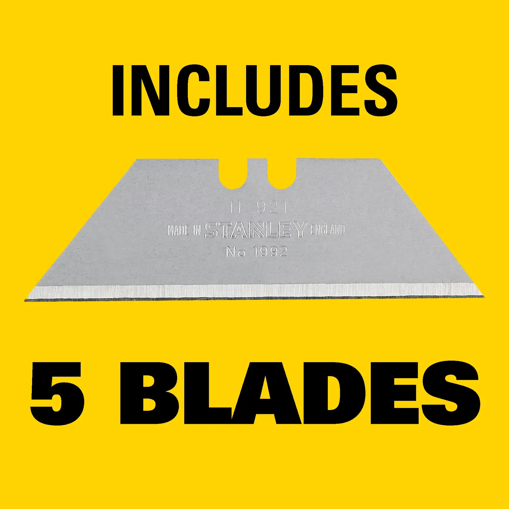 Close-up of five heavy-duty steel blades by Stanley, arranged in a stack, with text on a yellow banner reading '5 Heavy-Duty Steel Blades'.