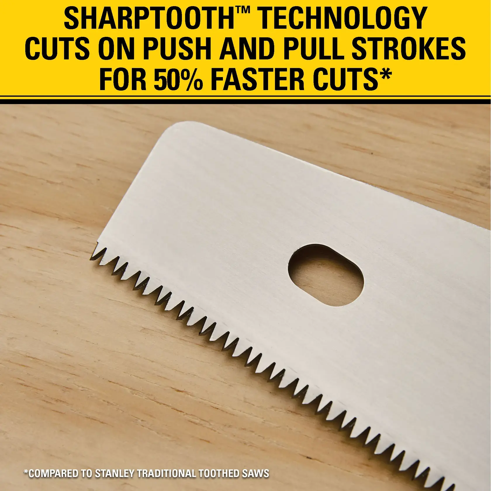 A close-up image showing a saw blade with sharp teeth resting on a wooden surface. The top section contains text highlighting Sharptooth™ technology, which enables cuts on both push and pull strokes for 50% faster cutting, compared to Stanley traditional toothed saws.
