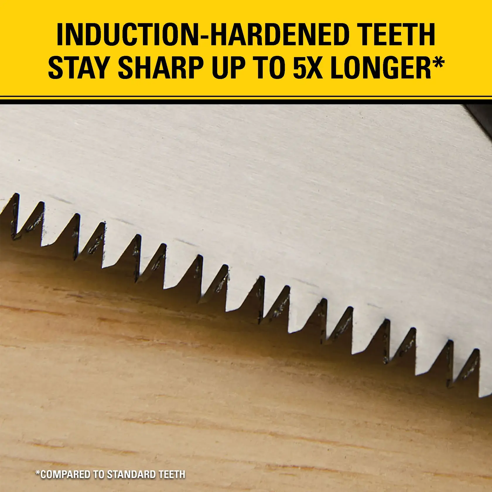 Close-up of a saw blade with induction-hardened teeth, featuring a yellow banner above stating 'Induction-hardened teeth stay sharp up to 5x longer*' and a note below '*Compared to standard teeth.'