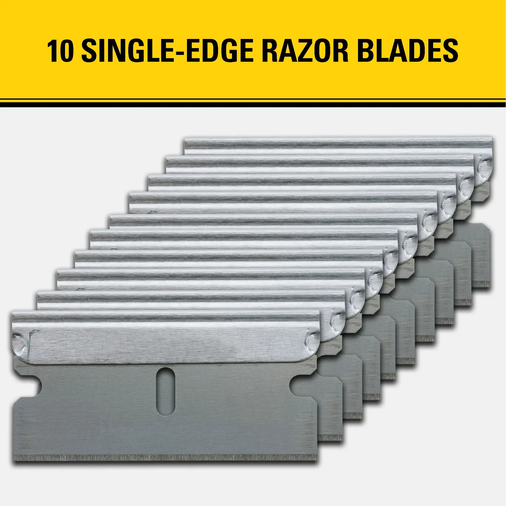 Ten single-edge razor blades arranged in a staggered formation, shown against a white background with a yellow section at the top featuring the text '10 Single-Edge Razor Blades'.