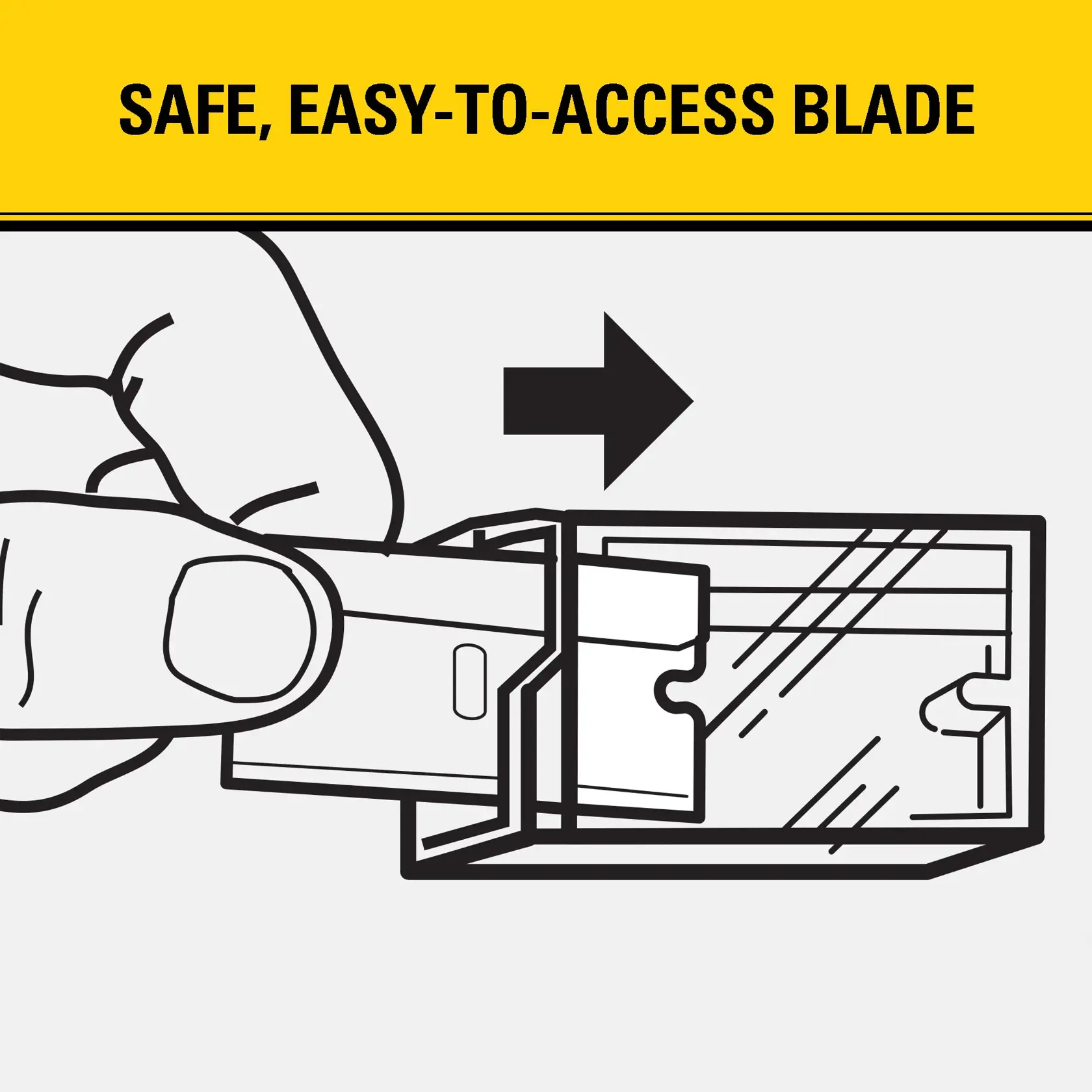 Illustration of a hand safely removing a blade from a storage case, with an arrow indicating the direction and text above stating 'Safe, easy-to-access blade.'