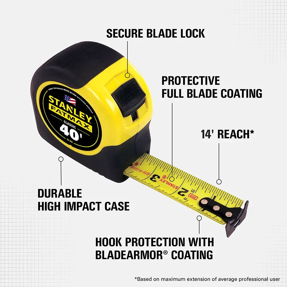 A Stanley FatMax 40-foot tape measure with highlighted features: secure blade lock, protective full blade coating, 14-foot reach, durable high impact case, and hook protection with BladeArmor coating.