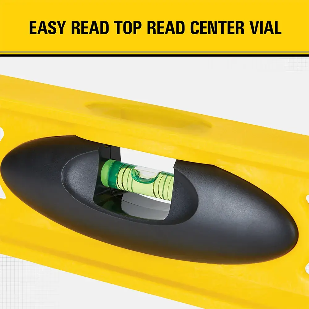 Close-up image of a yellow Stanley spirit level, showing the easy-to-read top read center vial and a black frame around the vial.