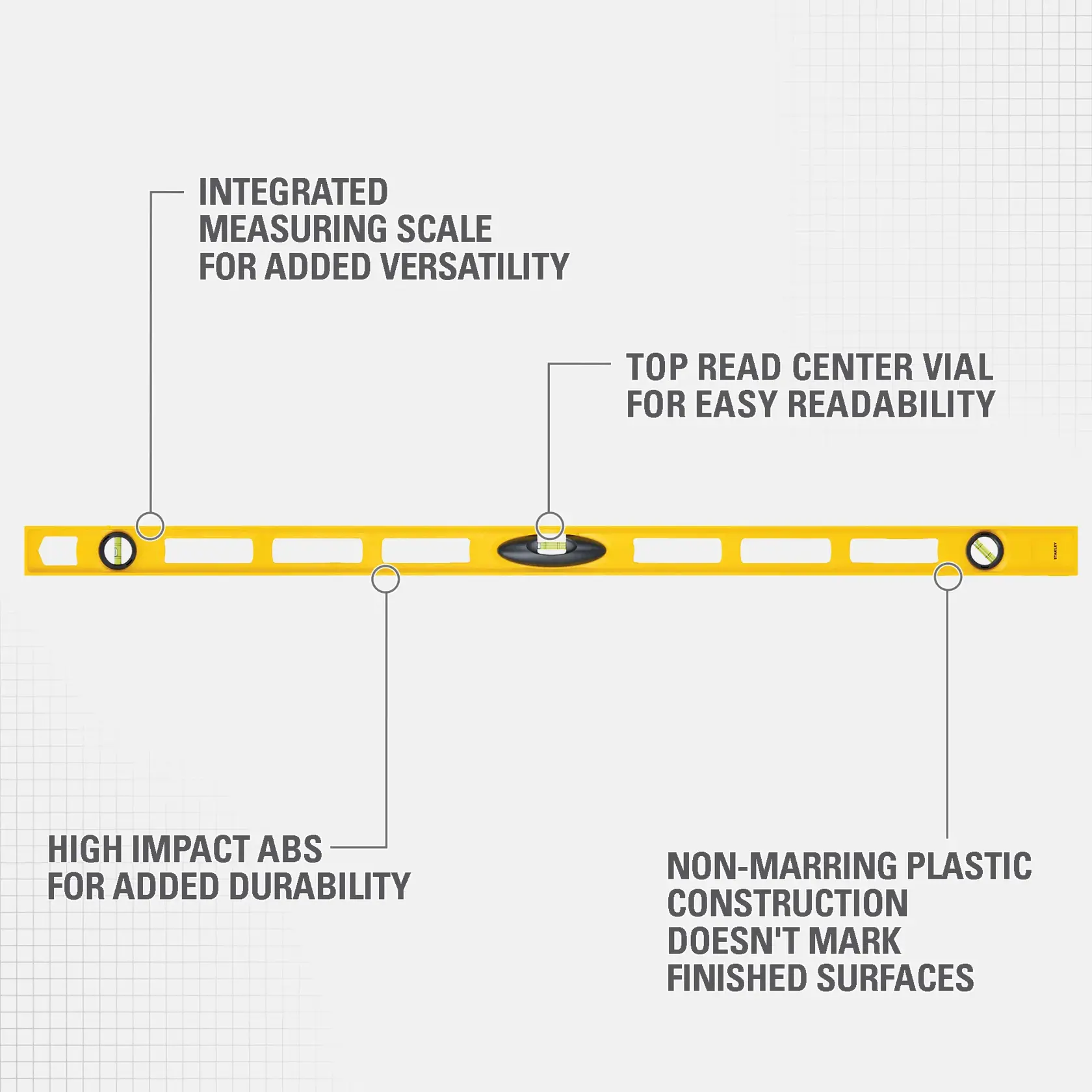 A yellow Stanley 42-470 spirit level featuring an integrated measuring scale, top read center vial, high-impact ABS for durability, and non-marring plastic construction. Key features are highlighted with text and lines connecting to parts of the level.