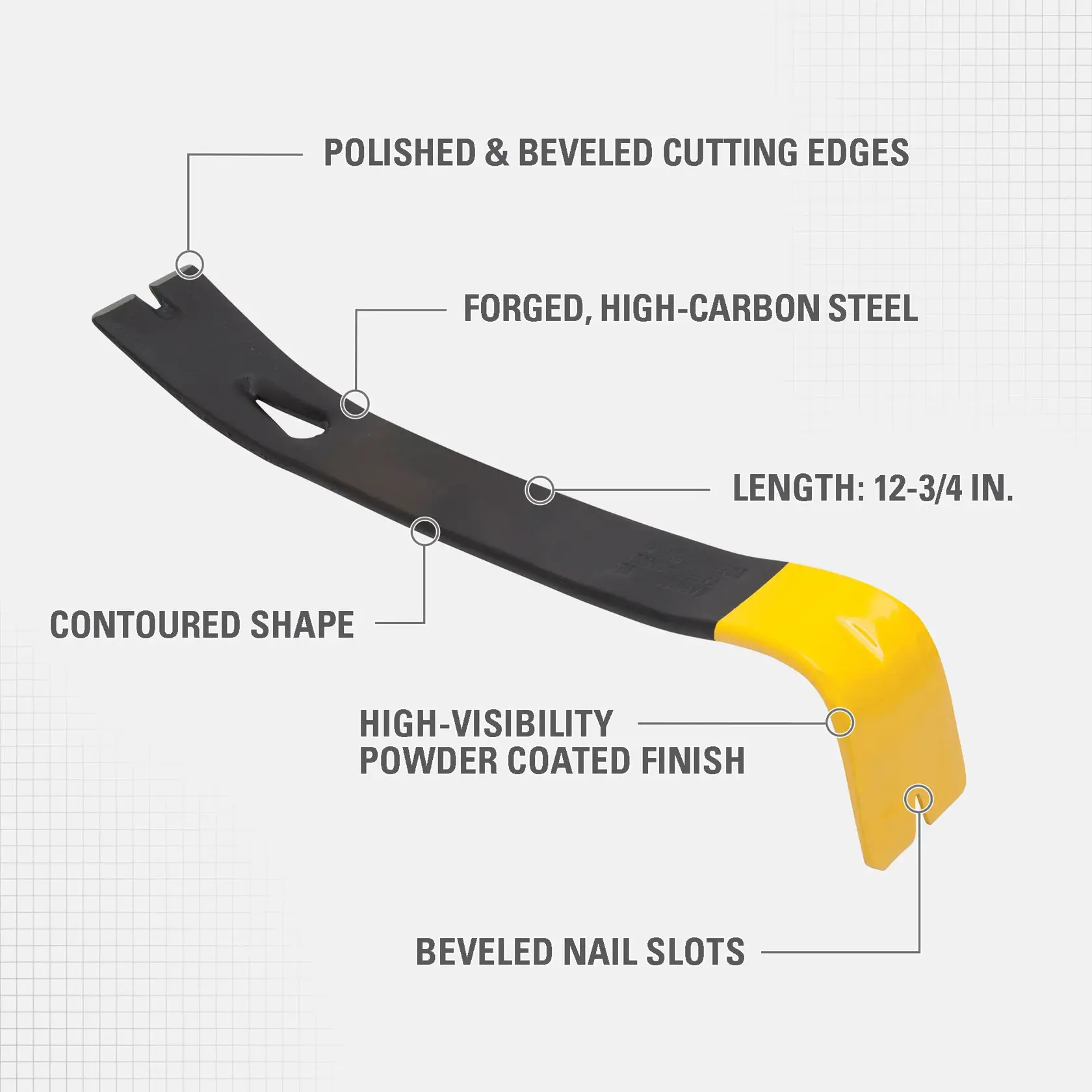 A Stanley 55-515 high-carbon steel pry bar with a yellow high-visibility powder coated finish. The pry bar features a contoured shape, polished and beveled cutting edges, beveled nail slots, and has a length of 12-3/4 inches.
