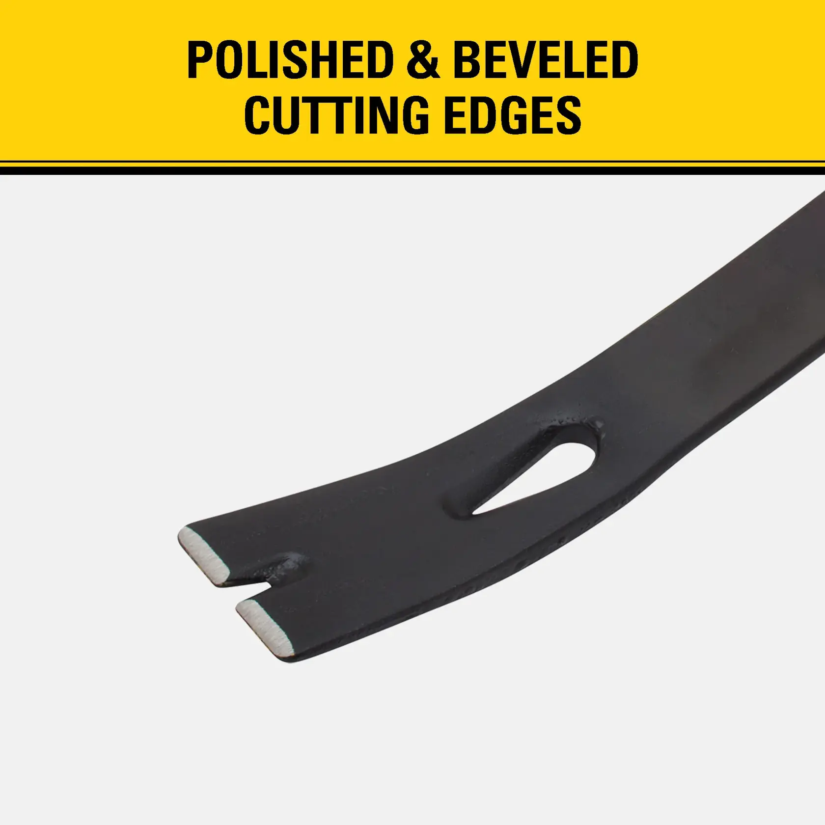 Close-up of a black pry bar tool with polished and beveled cutting edges, featuring a slot near the end. The top text reads: 'POLISHED & BEVELED CUTTING EDGES.'