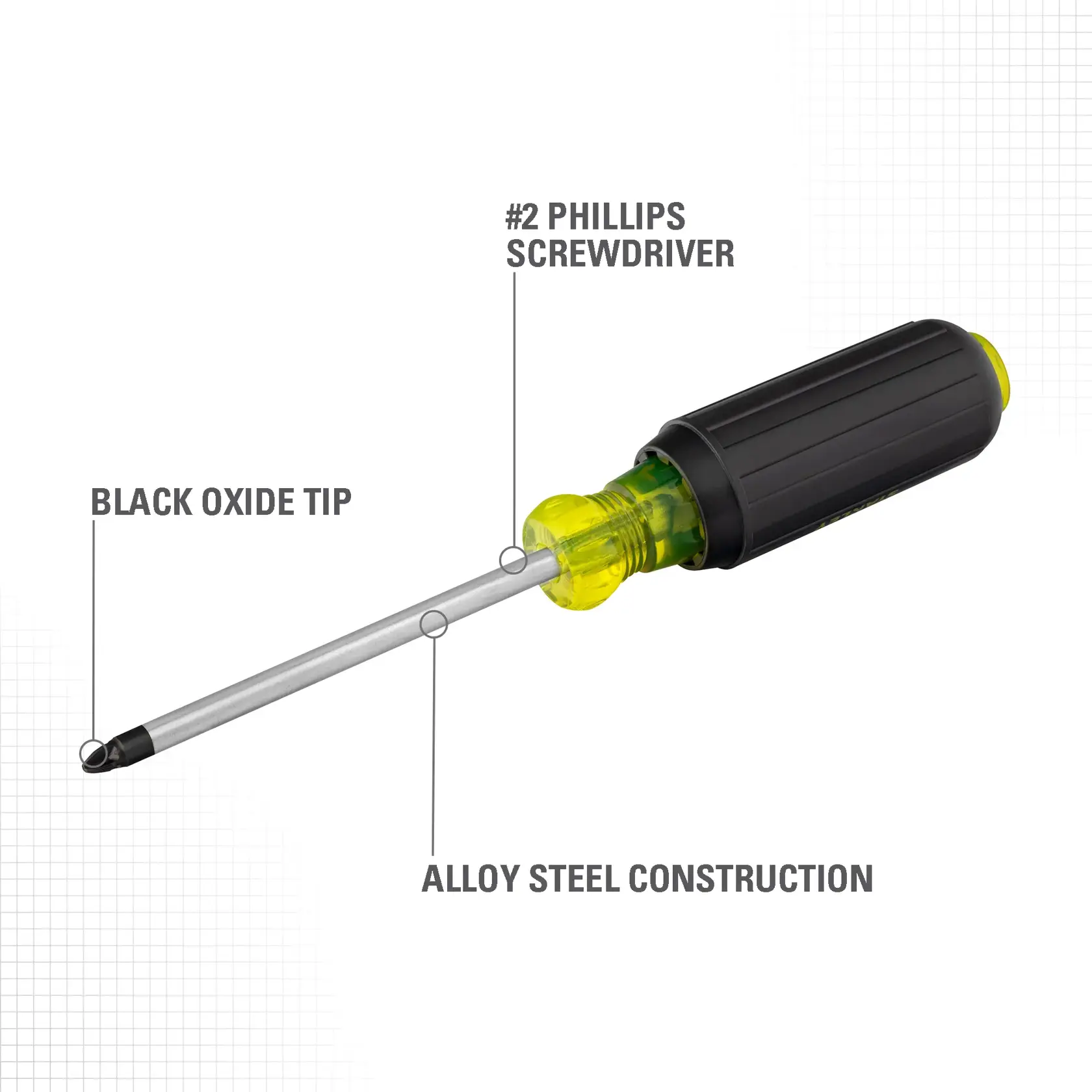 A STANLEY #2 Phillips screwdriver with a black oxide tip, alloy steel construction, and a handle featuring green and black colors.