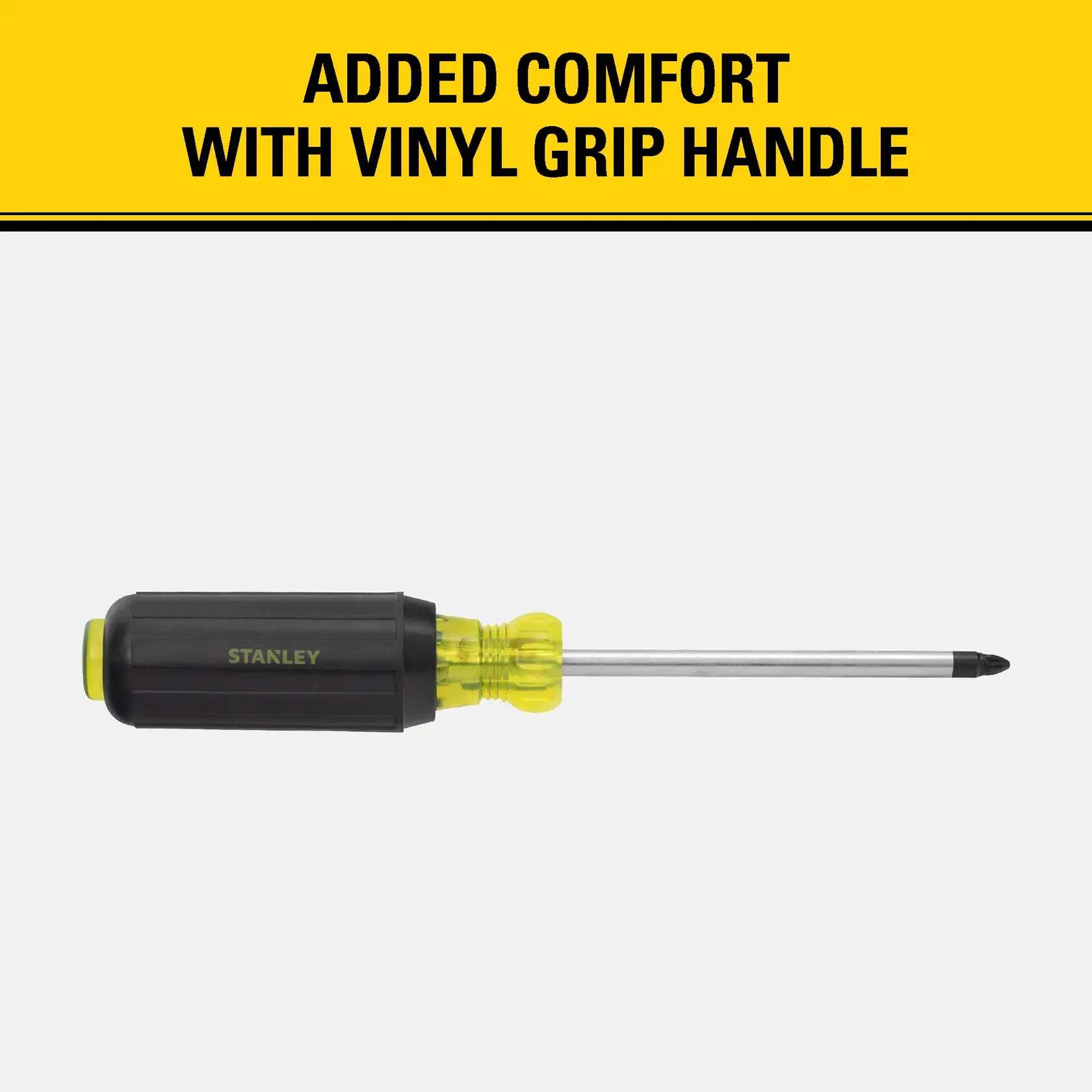 Stanley Phillips screwdriver with a black and yellow vinyl grip handle, designed for added comfort.