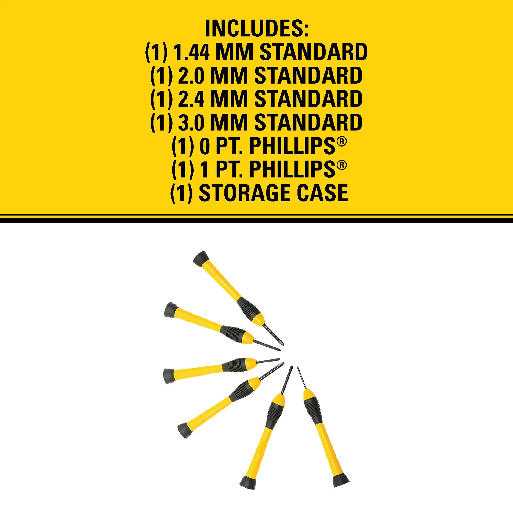 Image showing the STANLEY 66-052 precision screwdriver set contents. The set includes: 1.44 mm, 2.0 mm, 2.4 mm, and 3.0 mm standard screwdrivers, 0 pt. Phillips®, 1 pt. Phillips®, and a storage case. Six yellow and black precision screwdrivers are arranged in a fan shape below the item list.