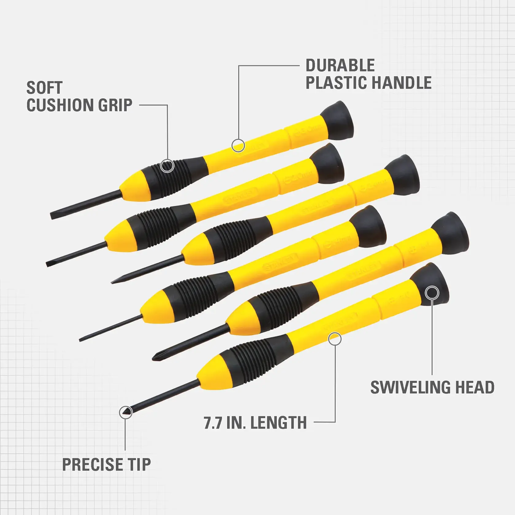 A set of six yellow and black Stanley precision screwdrivers arranged diagonally. The image highlights features: soft cushion grip, durable plastic handle, swiveling head, precise tip, and 7.7-inch length.