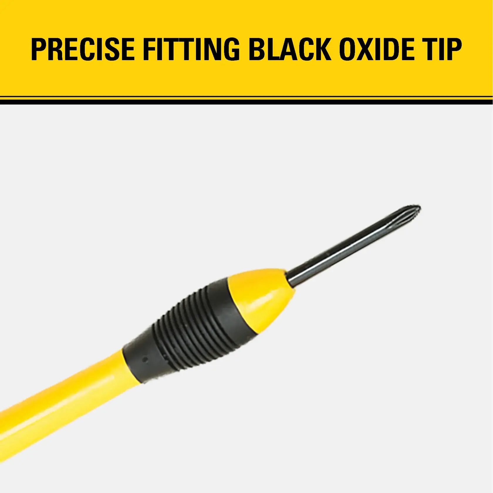 A close-up image of a Stanley screwdriver with a yellow and black handle, featuring a precise fitting black oxide tip. The text above reads: 'PRECISE FITTING BLACK OXIDE TIP.'