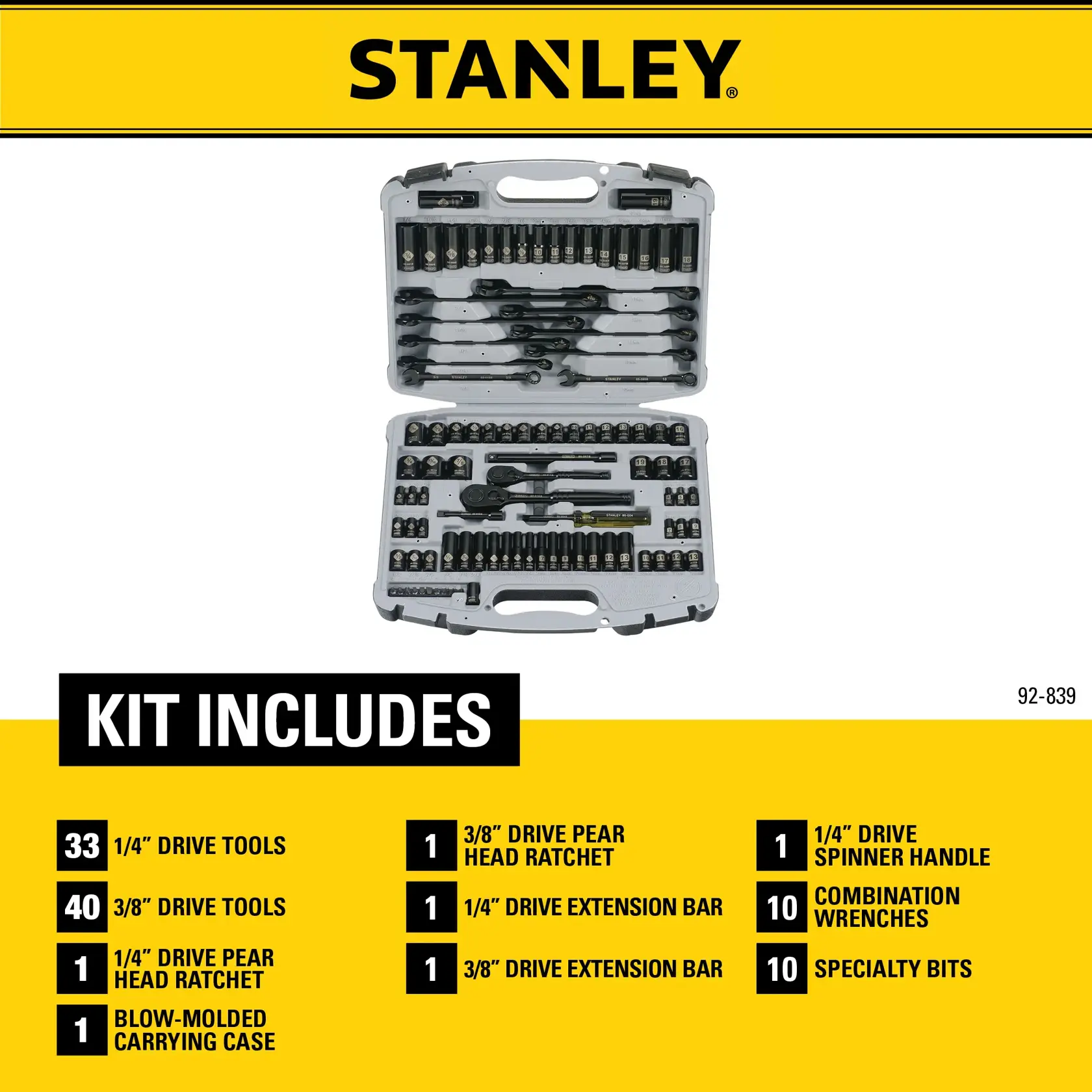 The image shows a Stanley branded tool kit, model 92-839, with its contents displayed in an open hard plastic carrying case. The case contains multiple sockets, wrenches, ratchets, extension bars, specialty bits, and other drive tools. A list below describes the kit's contents, including 33 1/4" drive tools, 40 3/8" drive tools, multiple ratchets, extension bars, spinner handle, combination wrenches, specialty bits, and a blow-molded carrying case.