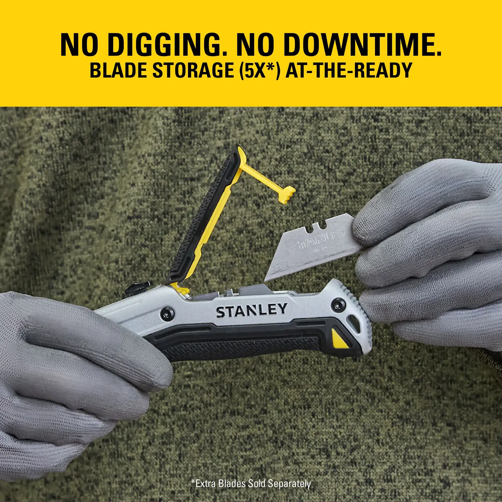 Stanley utility knife with built-in blade storage, shown in gloved hands removing a blade. Extra blades sold separately.