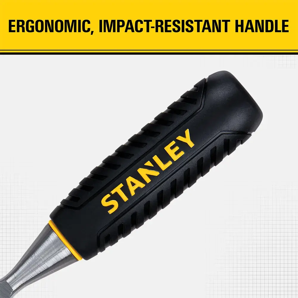 STANLEY screwdriver handle shown with a black and yellow ergonomic, impact-resistant design. Text above the handle reads: Ergonomic, impact-resistant handle.