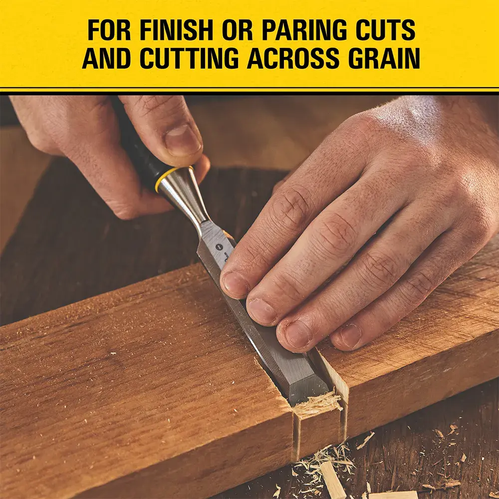 A person uses a Stanley chisel to finish or pare cuts and cut across the grain on a piece of wood. The image is accompanied by a yellow banner with the text: 'FOR FINISH OR PARING CUTS AND CUTTING ACROSS GRAIN.'