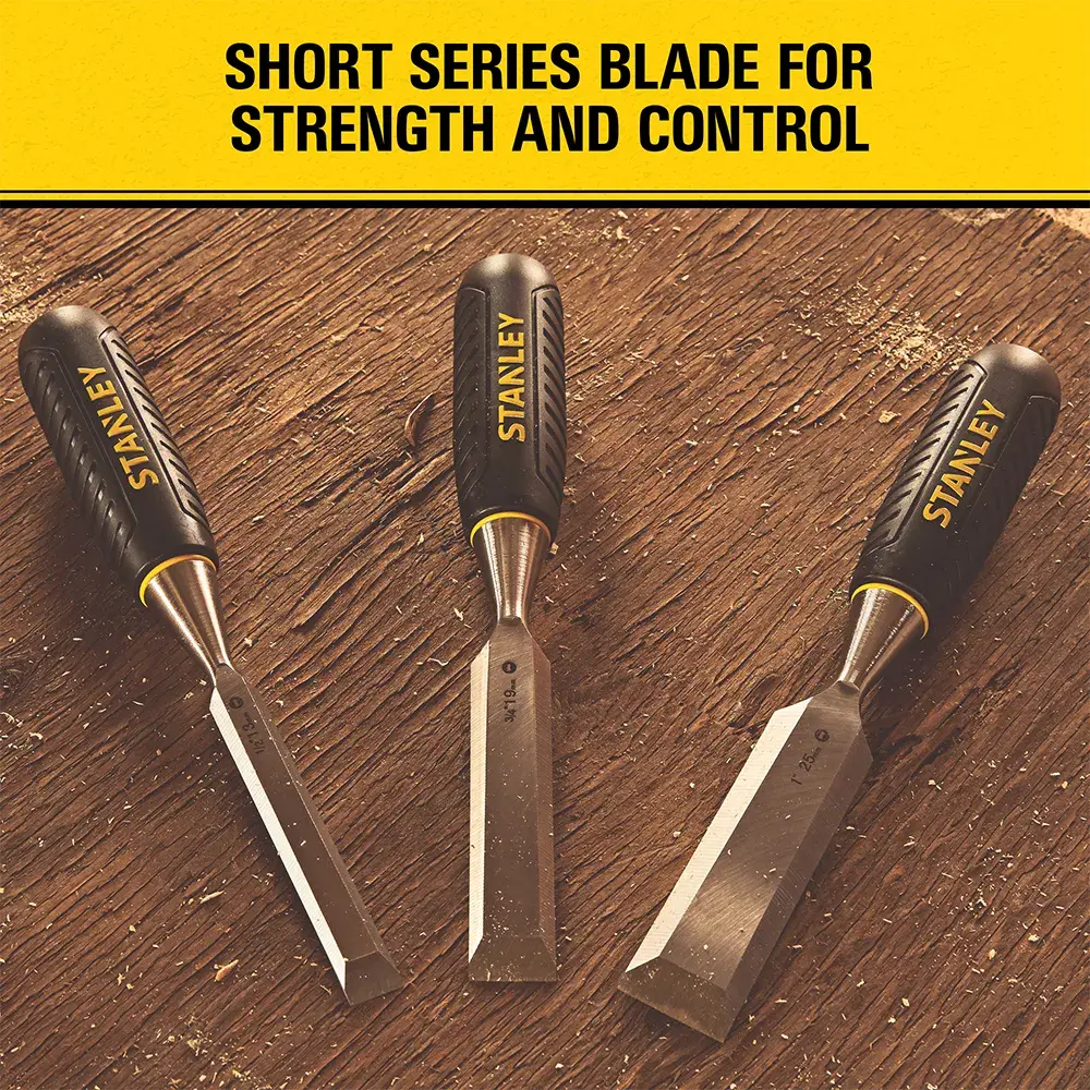 Three Stanley brand wood chisels with black and yellow handles are shown on a wooden surface. Above them, a yellow banner reads: 'Short series blade for strength and control.'
