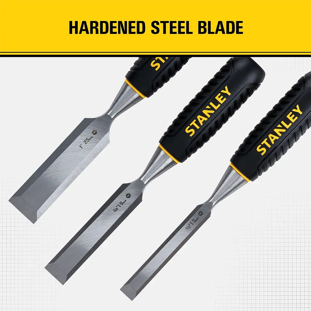 Image of three STANLEY chisels with black and yellow handles. The chisels have hardened steel blades. The text above reads 'HARDENED STEEL BLADE'.