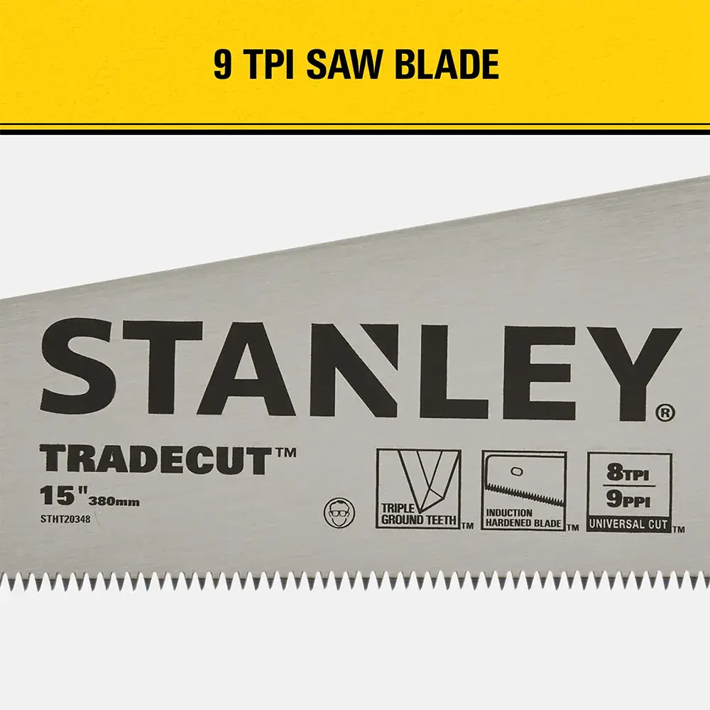 A close-up image of a Stanley Tradecut saw blade, 15 inch (380 mm), featuring 9 TPI (teeth per inch), with a yellow label at the top reading '9 TPI SAW BLADE'. The blade has printed information including the Stanley logo, product features, and technical icons.