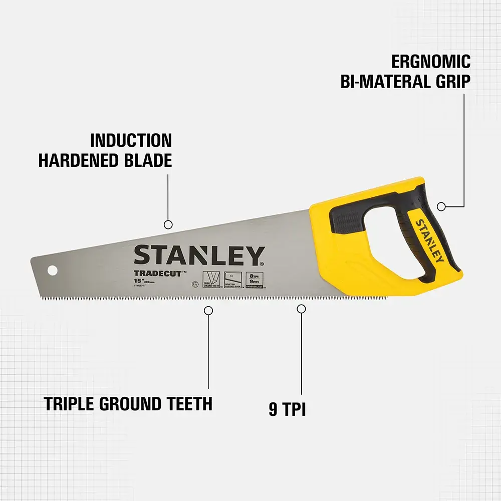 A STANLEY hand saw with a yellow and black ergonomic bi-material grip, featuring an induction hardened blade, triple ground teeth, and 9 TPI (teeth per inch).