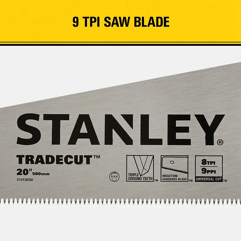 STANLEY TRADECUT 20-inch saw blade with 9 TPI. The blade is metallic silver with bold black lettering and yellow label, showing specifications such as triple ground teeth and induction hardened blade for universal cutting.