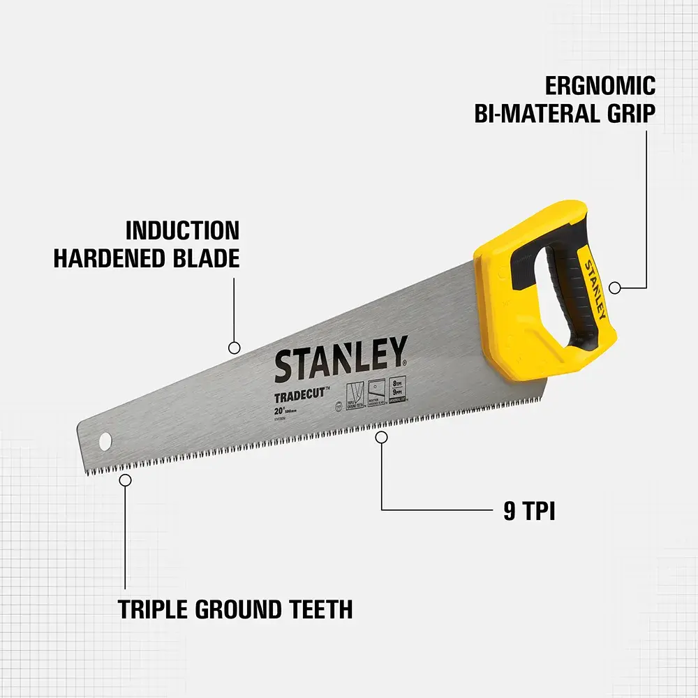 STANLEY hand saw with a yellow and black ergonomic bi-material grip, induction hardened blade, triple ground teeth, and 9 TPI (teeth per inch).