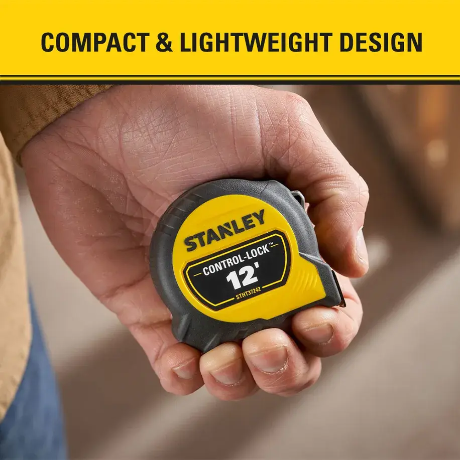 A hand holding a Stanley Control-Lock 12-foot tape measure. The product is shown under a yellow banner that reads 'Compact & Lightweight Design'.