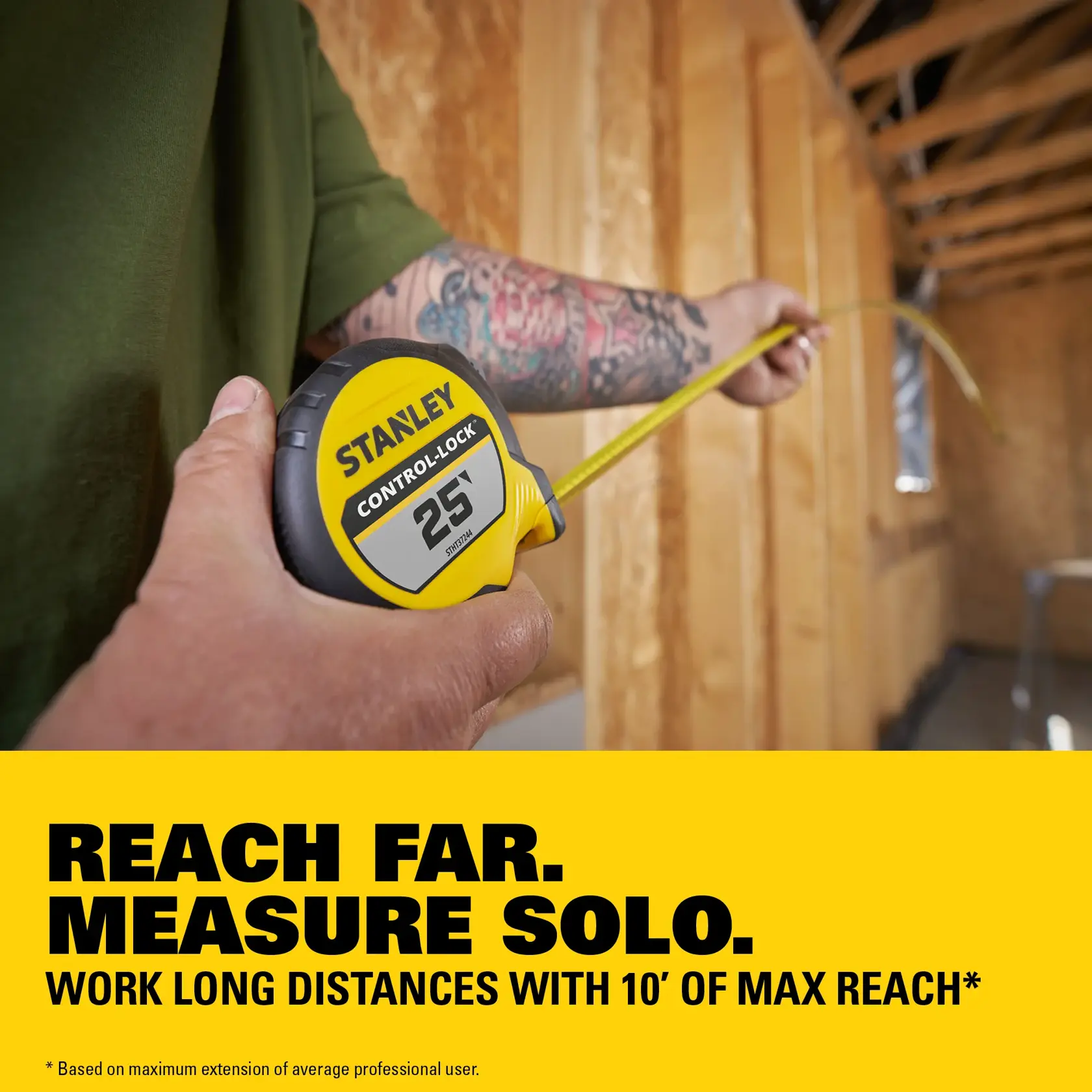 A person holding a Stanley Control-Lock 25-foot tape measure, featuring a compact and lightweight design. The product is shown in a close-up view with the brand name and product details visible.