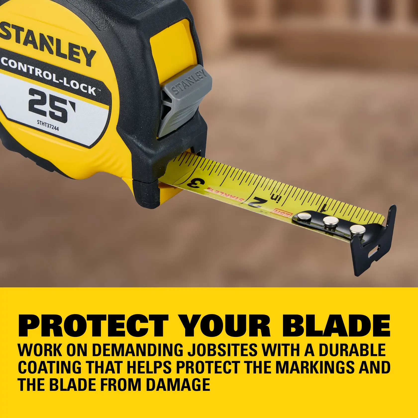 Close-up image of a STANLEY tape measure with yellow blade showing measurements. The tape has a black hook protected by 3 inches of BladeArmor for durability, as highlighted by the text above: '3" OF BLADEARMOR® FOR HOOK PROTECTION.'