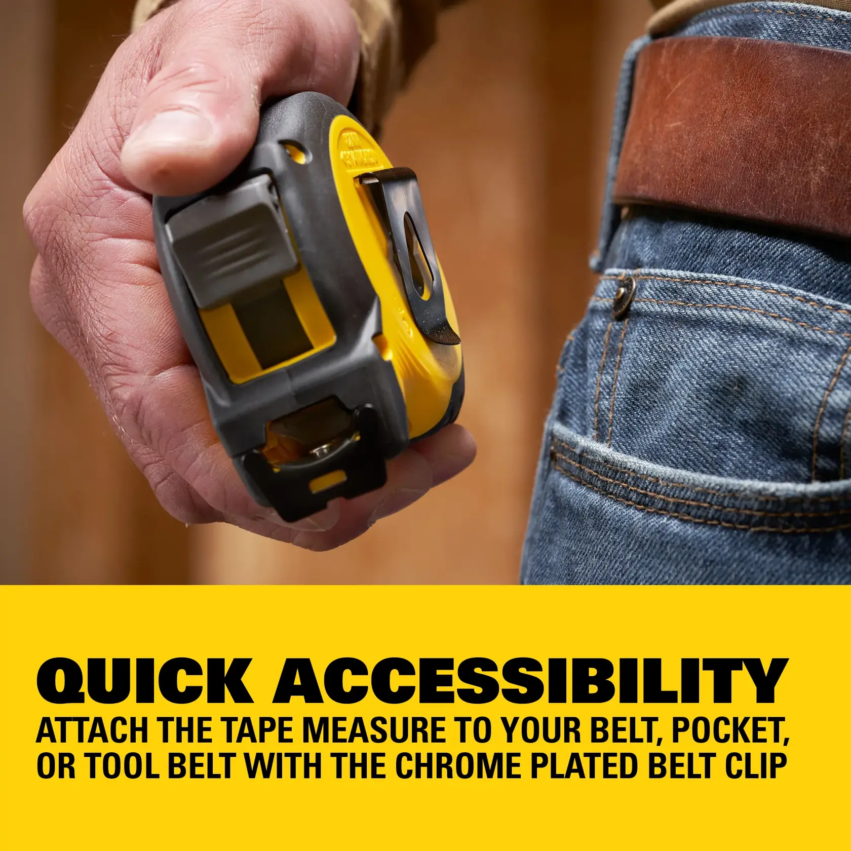 A close-up of a yellow measuring tape laid out on a wooden surface with wood chips, featuring a label stating 'Durable blade coating protects entire length of blade.'