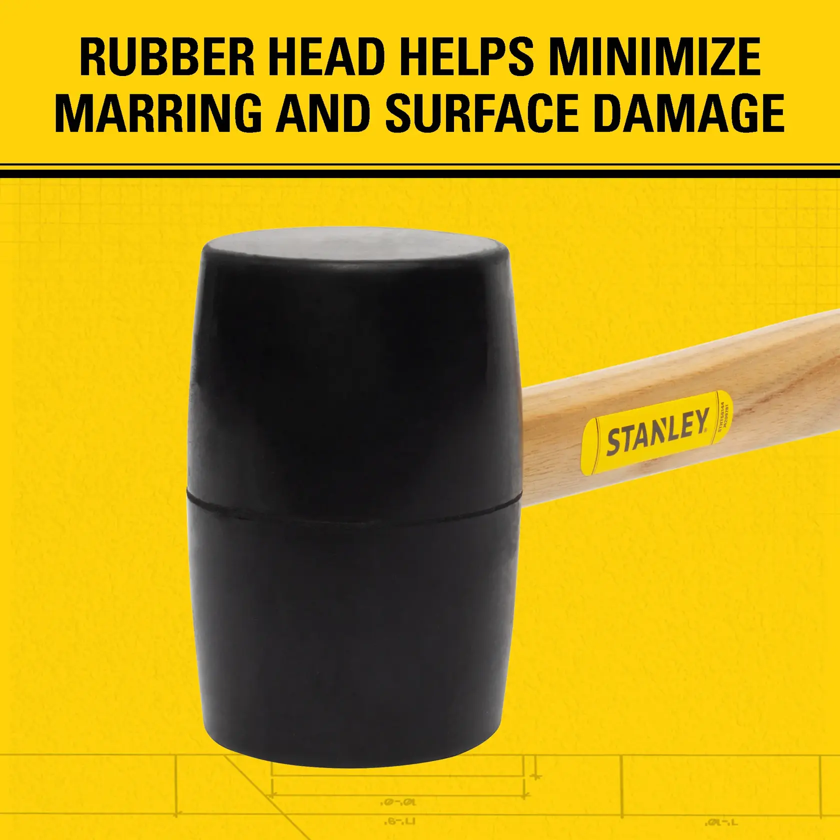 Stanley rubber mallet with wooden handle shown against a yellow background. The mallet features a black rubber head designed to minimize marring and surface damage, with a Stanley logo visible on the handle.