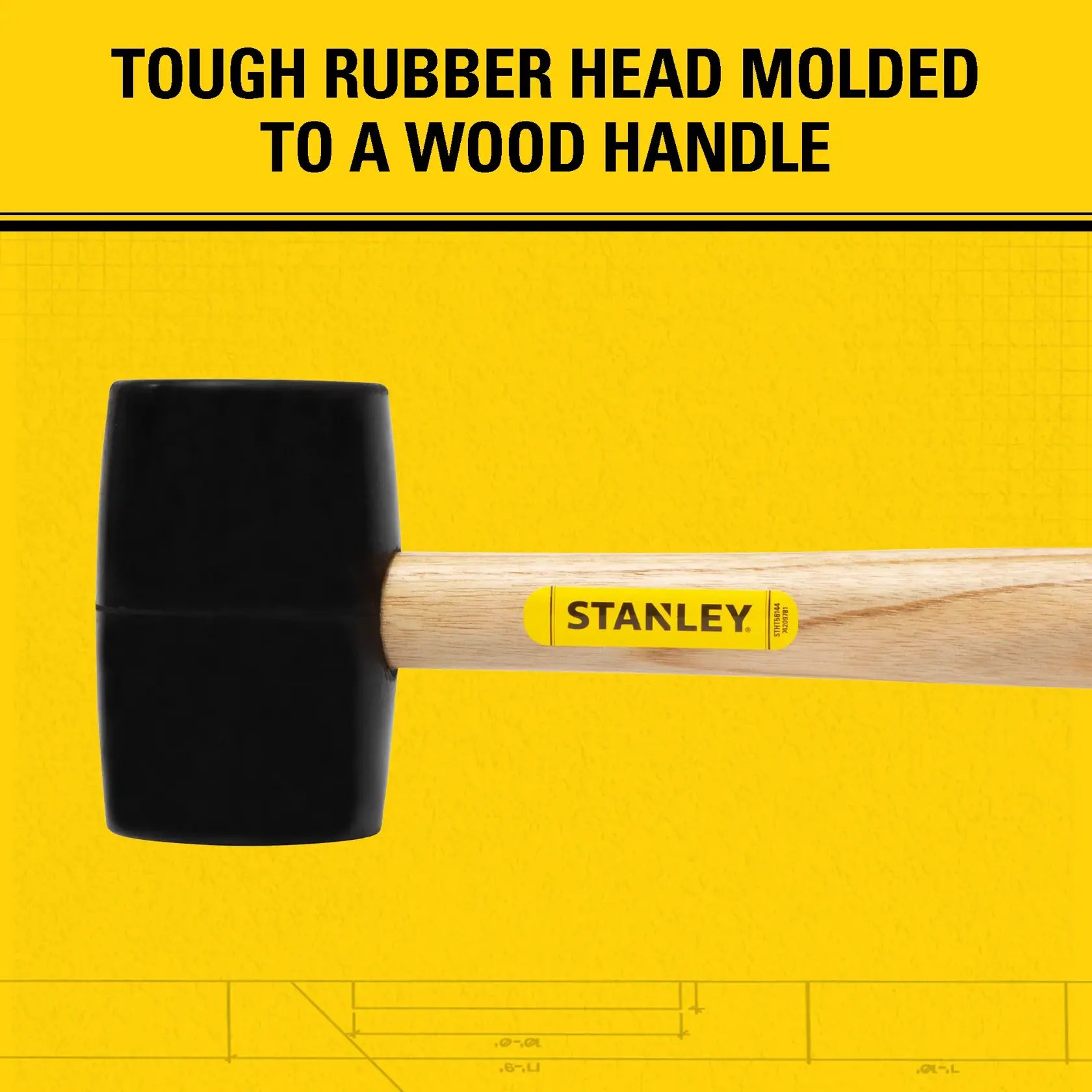 A Stanley mallet with a tough black rubber head molded onto a wooden handle, shown against a yellow background with text describing its features.