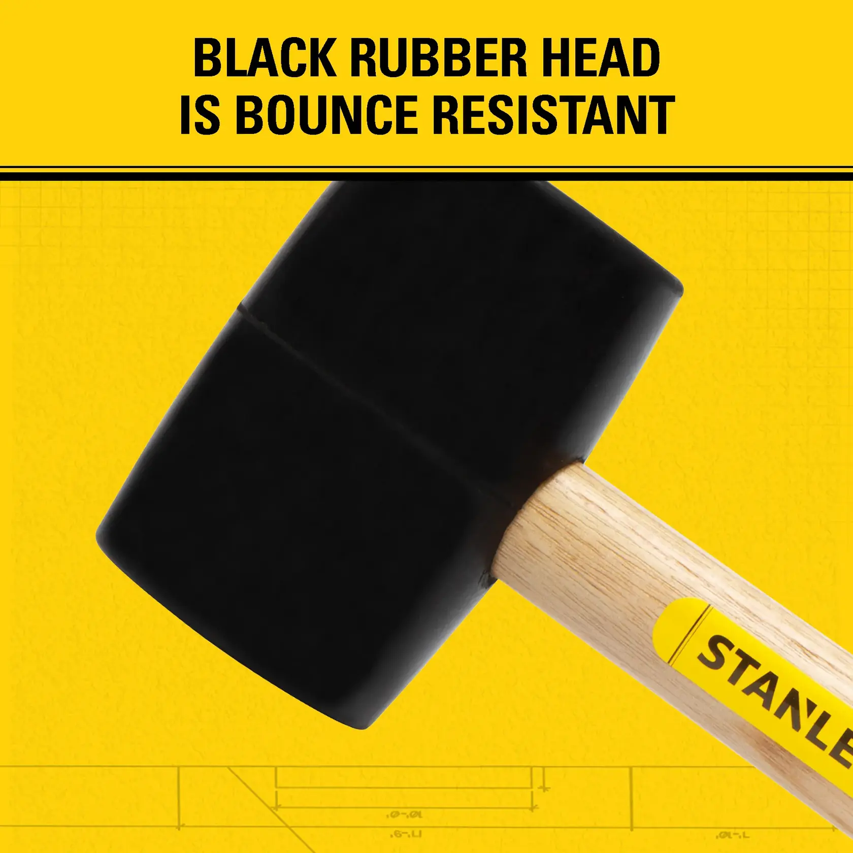 A STANLEY mallet with a black rubber head and wooden handle. The text on the image reads: 'Black rubber head is bounce resistant.' The background is yellow with technical drawing lines.