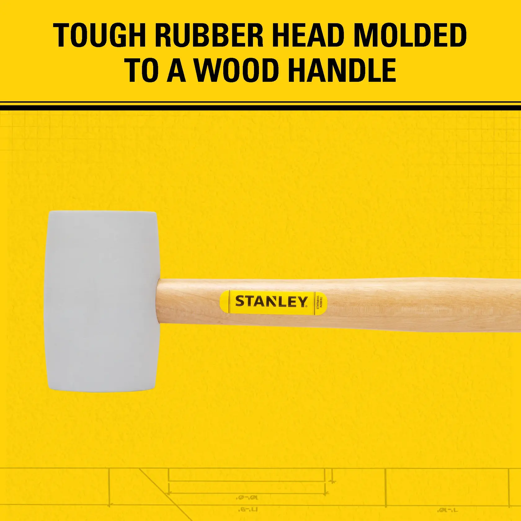 A Stanley mallet featuring a tough rubber head molded to a wood handle, displayed against a yellow background with product description.