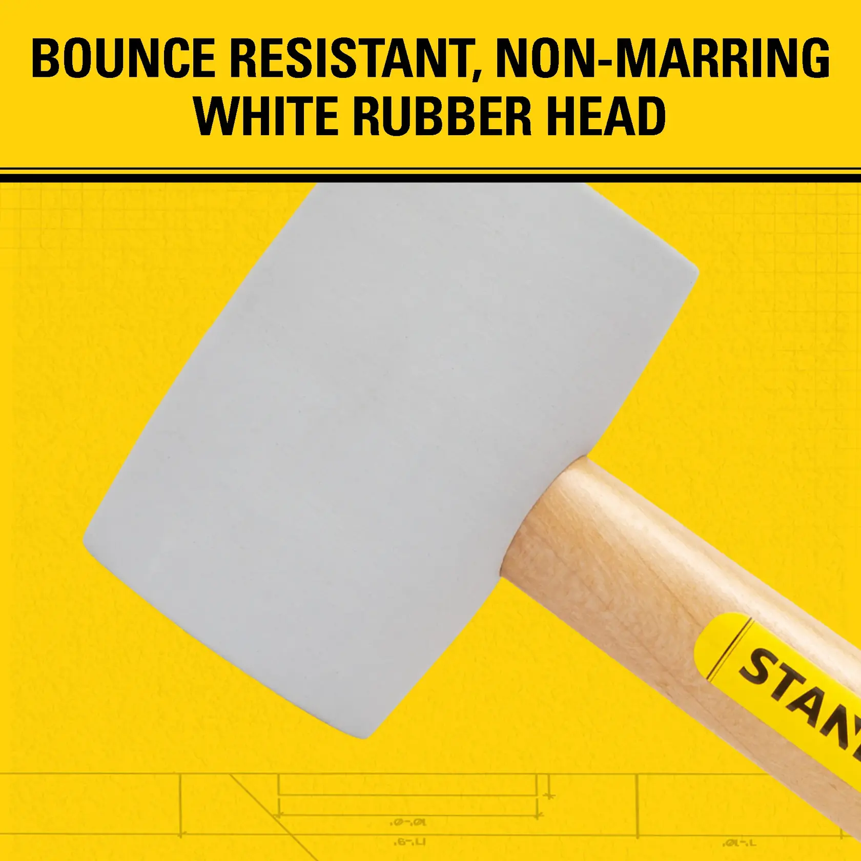 A white rubber mallet with a wooden handle, marked with a Stanley logo, shown against a yellow background. The text highlights the mallet's bounce-resistant, non-marring white rubber head.