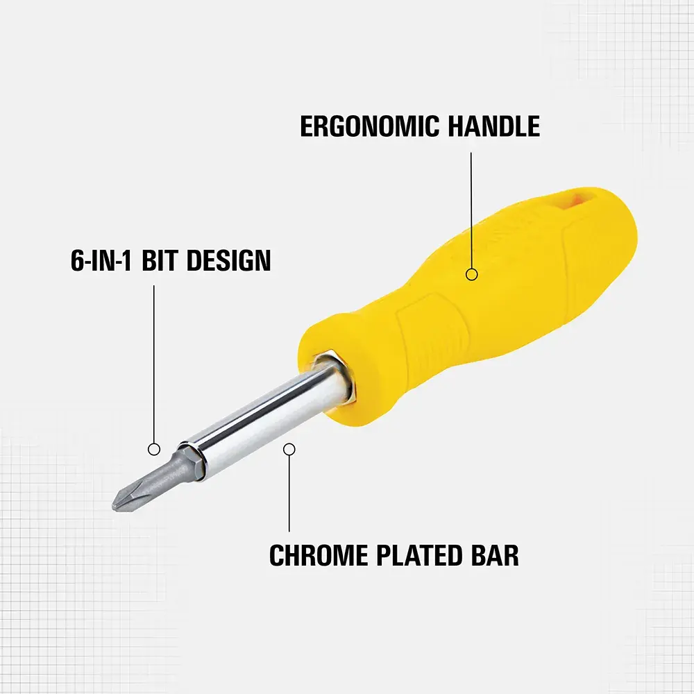 A yellow-handled STANLEY 6-in-1 screwdriver with an ergonomic handle, chrome plated bar, and interchangeable bits. The image highlights the ergonomic handle, 6-in-1 bit design, and chrome plated bar.