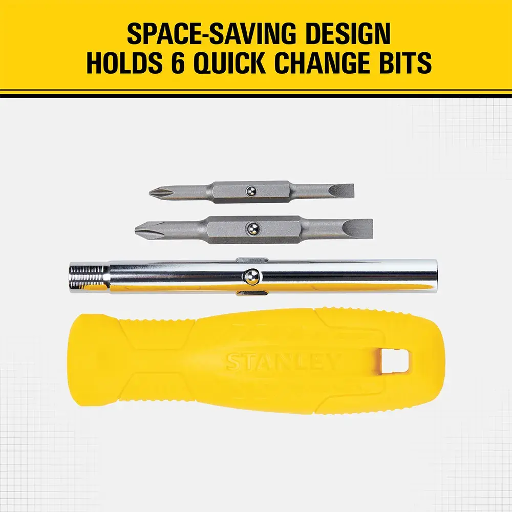 Stanley screwdriver with yellow handle and six interchangeable bits, shown in a layout highlighting its space-saving design.