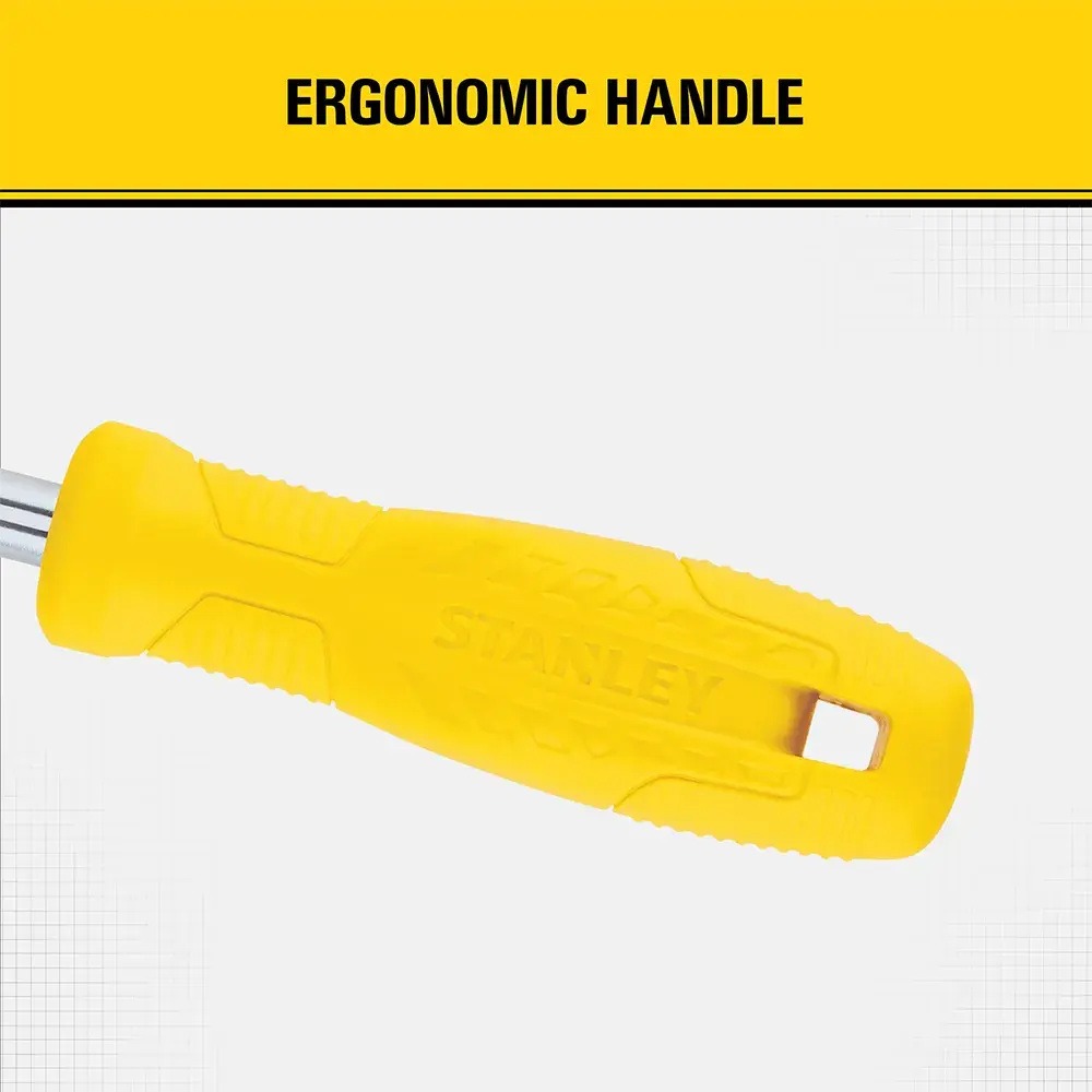 A close-up image of a yellow STANLEY hand tool with an ergonomic handle. The words 'ERGONOMIC HANDLE' appear above the tool on a yellow background.