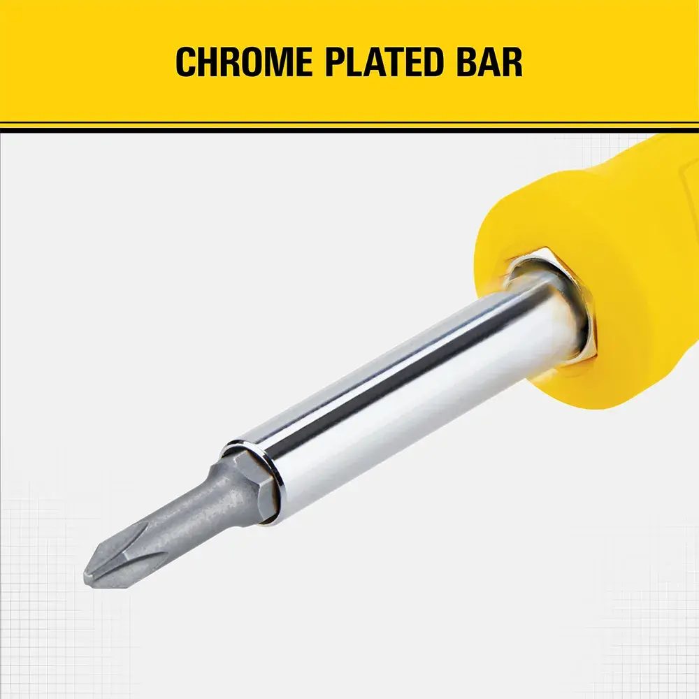 Close-up image of a STANLEY screwdriver with a chrome plated bar and yellow handle. The text 'CHROME PLATED BAR' is displayed above the tool.