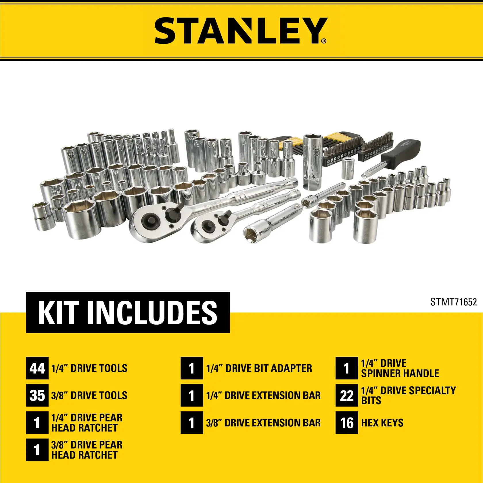 A Stanley tool set, model STMT71652, shown with various sockets, ratchets, bits, extension bars, hex keys, and a spinner handle. The kit includes: 44 1/4-inch drive tools, 35 3/8-inch drive tools, 1 1/4-inch drive pear head ratchet, 1 3/8-inch drive pear head ratchet, 1 1/4-inch drive bit adapter, 1 1/4-inch drive extension bar, 1 3/8-inch drive extension bar, 1 1/4-inch drive spinner handle, 22 1/4-inch drive specialty bits, and 16 hex keys.