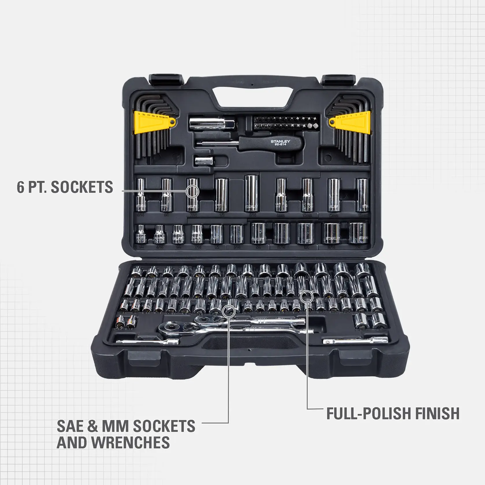A black STANLEY tool case open to display an organized set of SAE and metric sockets, wrenches, bits, and hex keys. The tools are chrome-finished with 6-point sockets and labeled sections for full-polish finish.