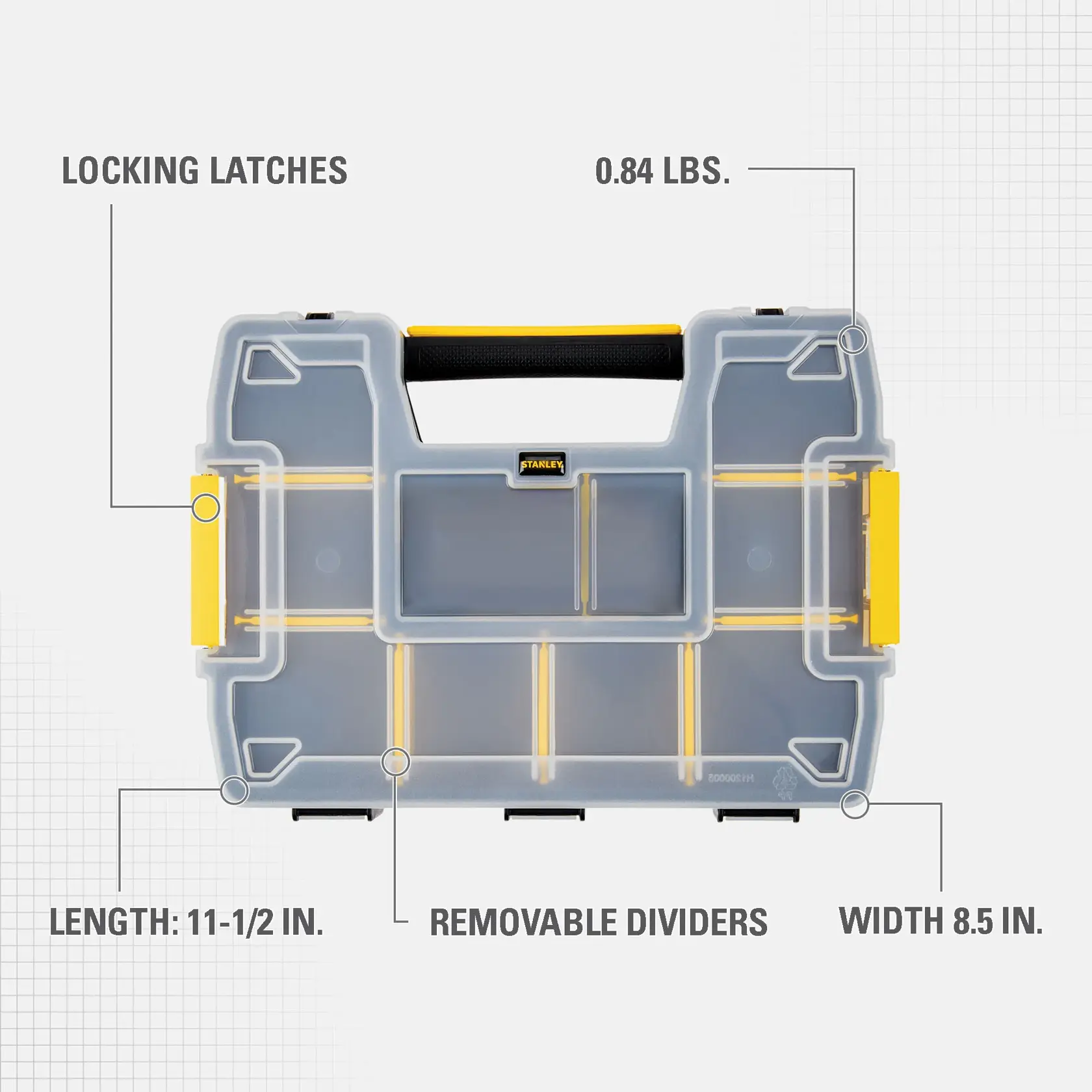 Stanley plastic organizer case with removable dividers, locking latches, black handle, and yellow accents. The case weighs 0.84 lbs, has a length of 11-1/2 inches, and a width of 8.5 inches.
