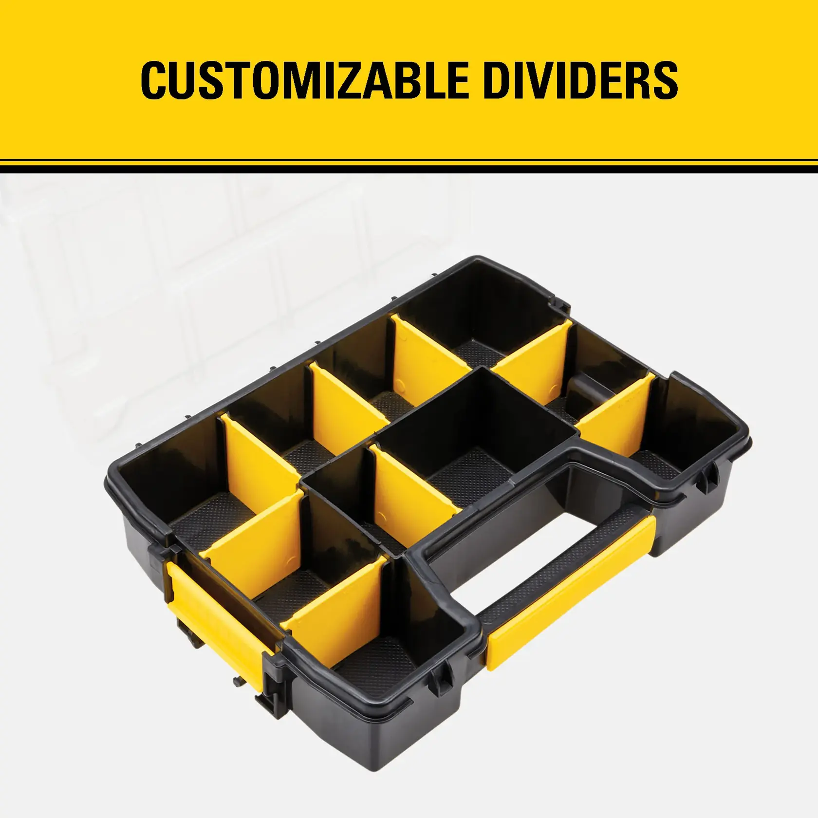 A black and yellow plastic organizer box with customizable yellow dividers, shown open to reveal multiple compartments. The image includes the text 'CUSTOMIZABLE DIVIDERS' at the top.